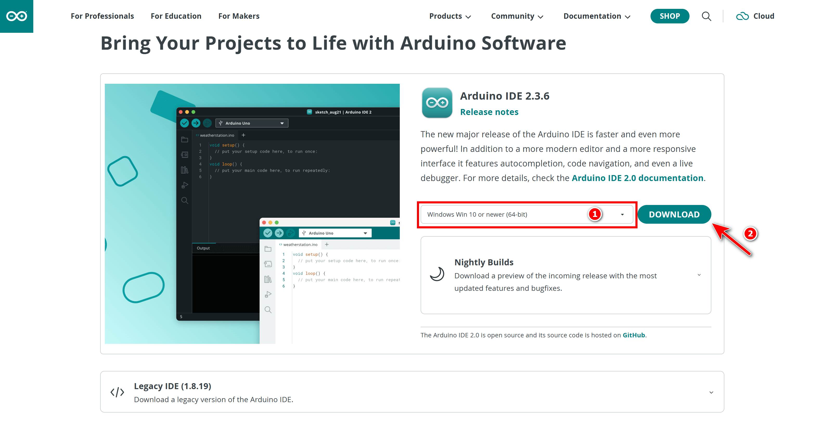 Кнопка Download на сайте Arduino